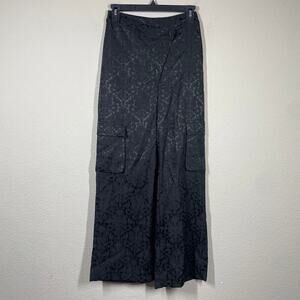 Cider XS Asymmetric Button Floral Brocade Wide Leg Cargo Pockets Pants Black